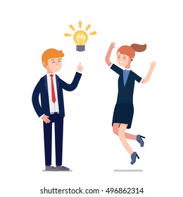 Business man having new creative problem solution idea showed as bright light bulb metaphor. Woman colleague jumping excited praising solution. Flat vector illustration isolated on white background.