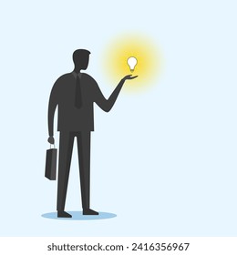 Business man having solution, ideas lamp bulb metaphor. Business idea, plan strategy and solution concept. Hand drawn vector illustration. Black and white.