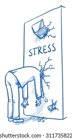 Business Man With Head Stuck In A Wall, Concept For Stress, Burnout, Headache, Depression, Hand Drawn Doodle Vector Illustration