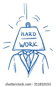 Business man with heavy weight instead of head, symbolizing stress, burnout, headache, depression, hard work, hand drawn doodle vector illustration