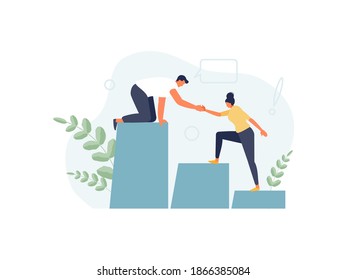 Business man helps his colleague in her career and work. Teamwork and partnership, promotion vector illustration