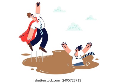 Business man in hero coat independently saves himself from quicksand thanks to willpower and ambition. Different readiness to deal with problems between hero and victim suffering from same problem