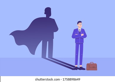 Business Man Hero Concept. Young Businessman Standing Confidently With Superhero Shadow. Leadership Super Hero In Business. Success And Ambition. Achievement And Motivation. Vector Illustration