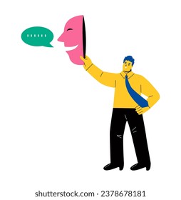 Business man hides his face behind a fake mask that pretends to be lying. Lie or defraud your business. Flat vector illustration isolated on white background

