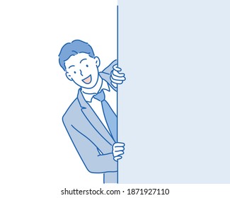 business man hiding behind an  add space. Hand drawn style vector illustrations.