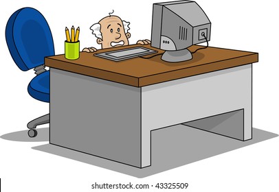 Business man hiding from computer