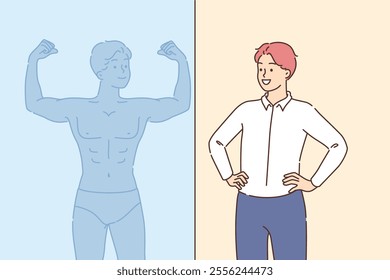 Business man with high self-esteem dreams of becoming bodybuilder and pumping up big biceps or strong abs. Successful guy demonstrates high self-esteem and motivation to achieve sports results