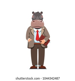 Business man with hippo head standing with hand in pocket and file folder. Hippopotamus animal head person character wearing clothes. Flat style vector illustration isolated on white background