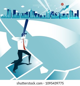 Business man hit the ball go to home run success on the blue background. Illustration concept vector.