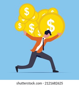 business man is hit by heavy dollar coin profit and holds his coin with his strength