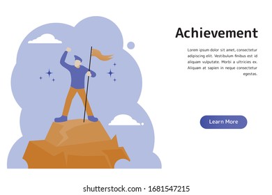 Business man hoisted flag on top of hill illustration concept for achieving the goal.
