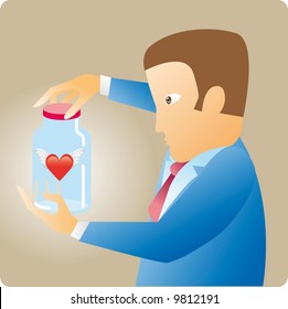 business man hold a bottle with a winged heart inside.  A career against emotions concept