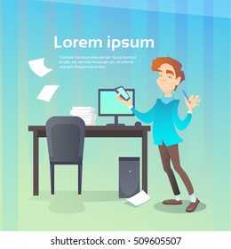 Business Man Hold Cell Smart Phone Chatting Office Workplace Interior, Social Network Communication Flat Vector Illustration
