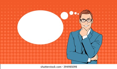 Business Man Hold Chin Businessman Think, Ponder New Idea Chat Bubble Pop Art Colorful Retro Style Vector Illustration