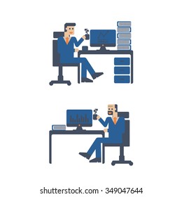 Business Man Hold the coffee cup . Businessman sitting in a chair, sipping coffee .Working People  . vector illustration