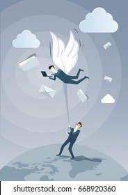Business Man Hold Colleague With Wings Flying In Sky Using Laptop Computer Chatting Online Flat Vector Illustration