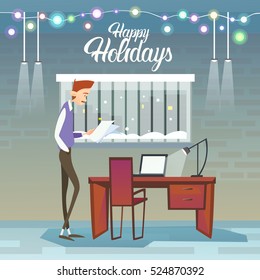 Business Man Hold Contract Celebrate Merry Christmas And Happy New Year Flat Vector Illustration