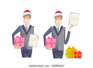 Business Man Hold Contract Gift Box Present Celebration Holiday Vector Illustration