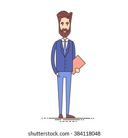 Business Man Hold Folder Standing Isolated over White Background Vector Illustration
