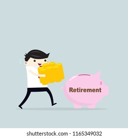 business man hold gold money to piggy,saving retirement.