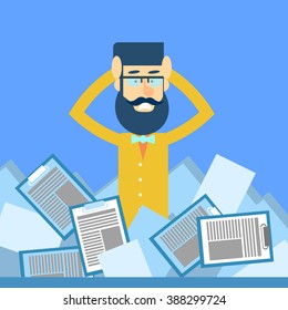 Business Man Hold Head Documents Paperwork Problem Concept Flat Vector Illustration