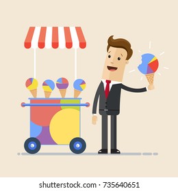 Business man hold ice cream cone in hand and ice-cream cart stand next to him. Ice-cream  in the form of diagram, and  businessman take a nibble of it. Marketing concept.  Vector, illustration, flat