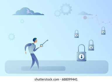 Business Man Hold Key Choosing Lock Opportunity Decision Concept Flat Vector Illustration