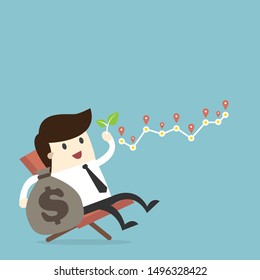 Business man hold leaf sit  with money coin bag and graph, success investment concept.