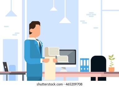 Business Man Hold Long Check List Paper Office Interior Flat Vector Illustration