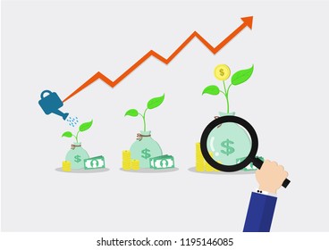 business man hold magnifying glass is look for tree and money is grow up include orange arrow is high up