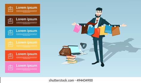 Business Man Hold Many Folders Project Idea Presentation Concept Flat Vector Illustration