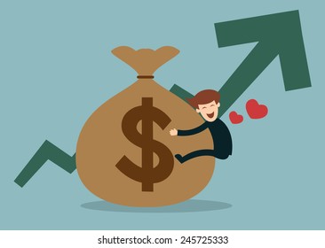 business man hold a money bag with the graph up vector illustration