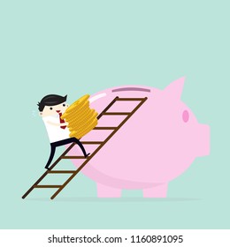 Business man hold money gold coin step up to Big piggy,saving concept