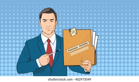 Business Man Hold Panama Papers Folder Pop Art Colorful Retro Style Vector Illustration