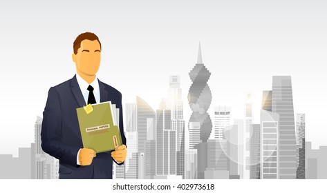 Business Man Hold Panama Papers Offshore Company Folder Over City Skyscraper Flat Vector Illustration