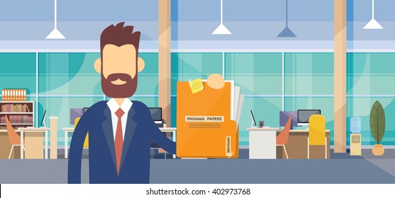 Business Man Hold Panama Papers Folder Office Interior Flat Vector Illustration