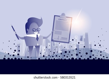 Business Man Hold Paper Document Sign Contract Concept Flat Vector Illustration