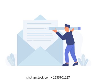 Business man hold pencil and write new email message, mail notification. chatting. Working process, man reading letter. Modern hand drawn cartoon vector illustrations.