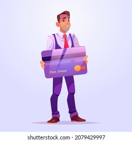 Business man hold plastic credit or debit card. Vector cartoon illustration of male character, businessman or banker holding purple banking card isolated on background