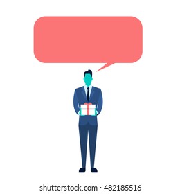 Business Man Hold Present Box Gift With Chat Bubble Flat Vector Illustration