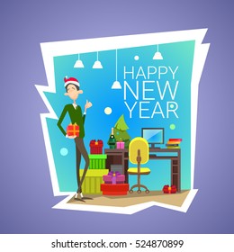 Hombre De Negocios Sostengan Caja Presente Regalo Feliz Navidad Y Feliz Año Nuevo Oficina Interior Ilustración Vector Plano