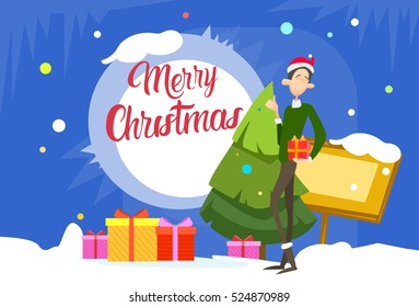 Business Man Hold Present Box Gift Merry Christmas And Happy New Year Flat Vector Illustration
