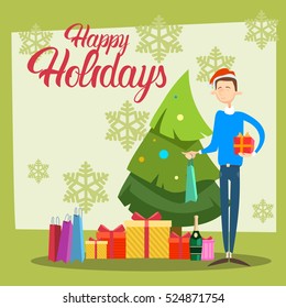 Business Man Hold Present Box Gift Merry Christmas And Happy New Year Flat Vector Illustration