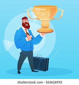 Business Man Hold Prize Winner Cup, Success Concept Flat Vector Illustration