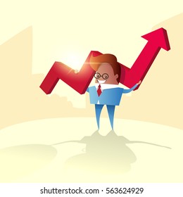 Business Man Hold Red Arrow Up Financial Success Concept Flat Vector Illustration