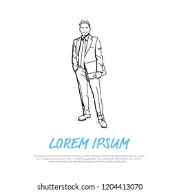 business man hold sheet of paper concept businessman full length on white background hand draw silhouette sketch vector illustration