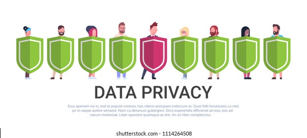 business man hold shield mix race team GDPR data privacy on white background network protection of personal storage General Data Protection Regulation concept banner copy space