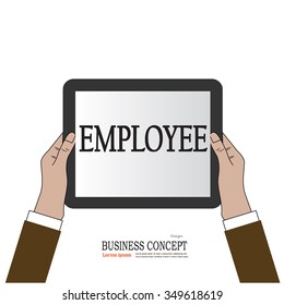 Business man hold tablet with employee. employee concept. vector illustration.