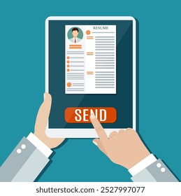 Business man hold tablet with resume and send. Recruitment, concept of human resources management. CV application. vector illustration in flat design