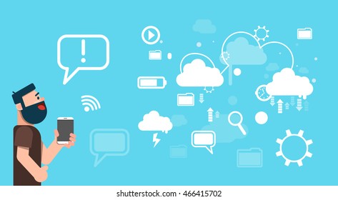 Business Man Hold Tablet Share Data Cloud Computing Technology Flat Vector Illustration